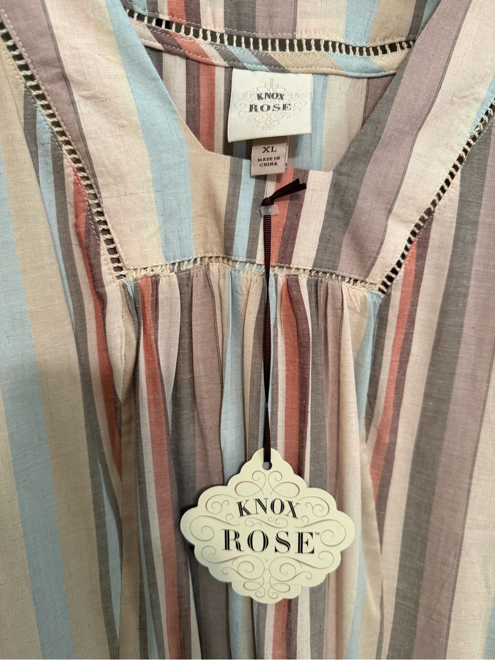 Knox Rose Striped Babydoll Dress in Muted Blue, Tan & Rust - Picture 3 of 4